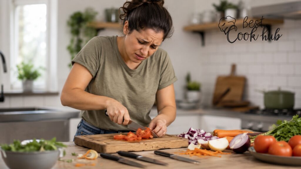 Bestcookhub - Home Cook Struggling with Dull Kitchen Knives Before Learning Proper Knife Types