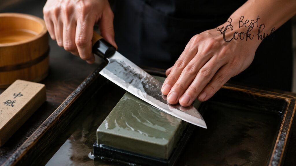 Bestcookhub - Japanese Knife Being Sharpened on a Whetstone with Water