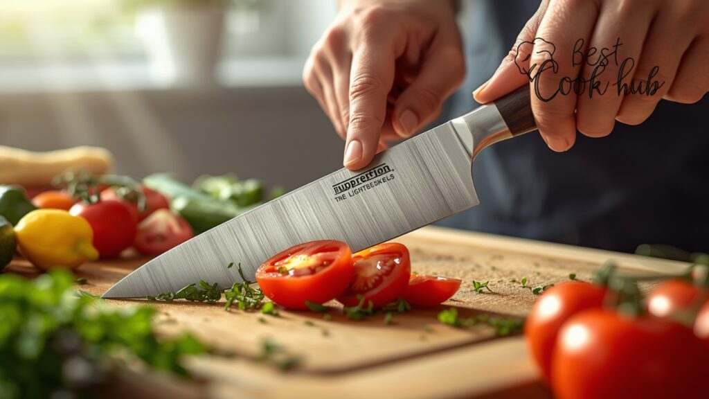 Bestcookhub - Lightweight Stamped Knife Slicing Tomatoes and Herbs for Meal Prep