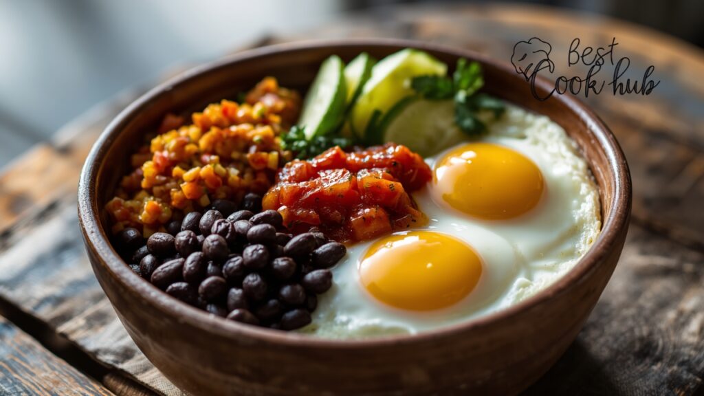 Bestcookhub - Mexican Breakfast Bowl with Eggs, Black Beans, Rice, Avocado, Salsa, and Lime