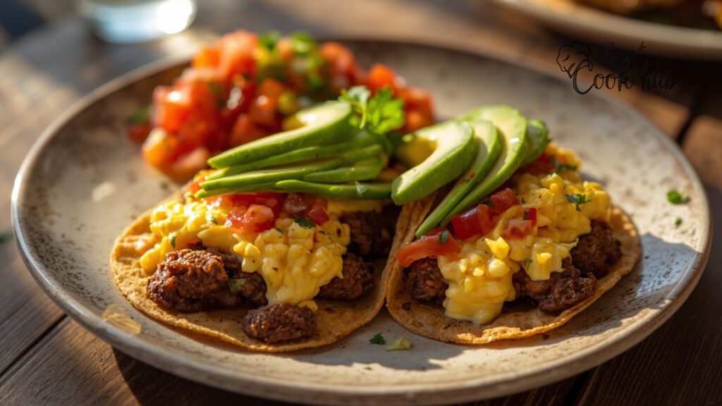 Bestcookhub - Mexican Breakfast Tacos with Scrambled Eggs, Chorizo, Avocado, and Salsa