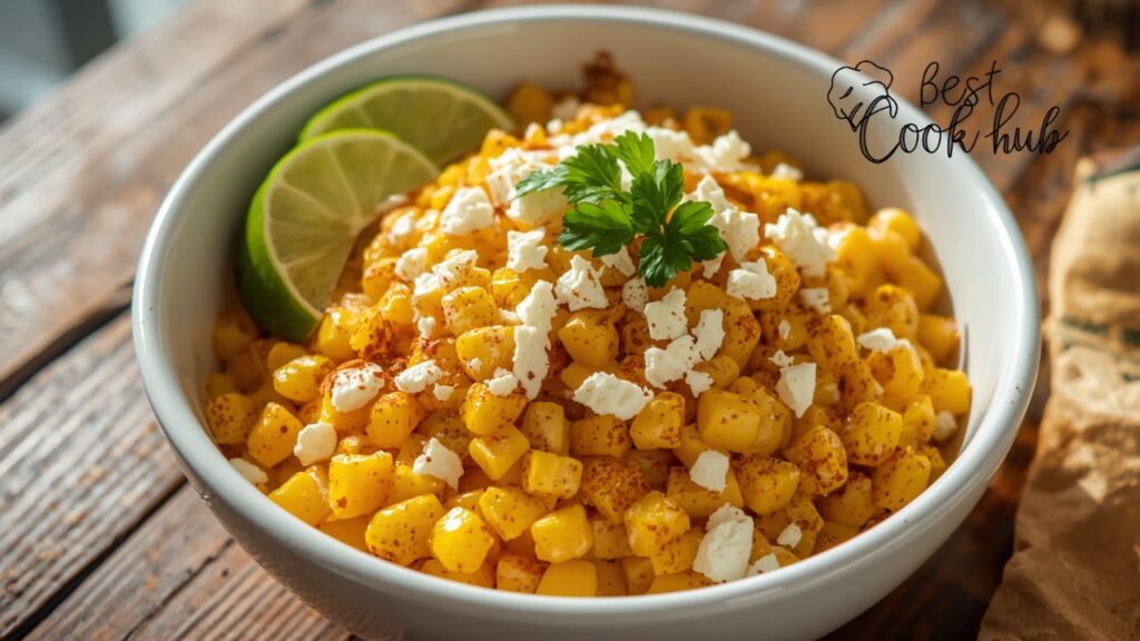 Bestcookhub - Mexican Street Corn Salad in a White Bowl with Cotija, Lime, and Chili Powder
