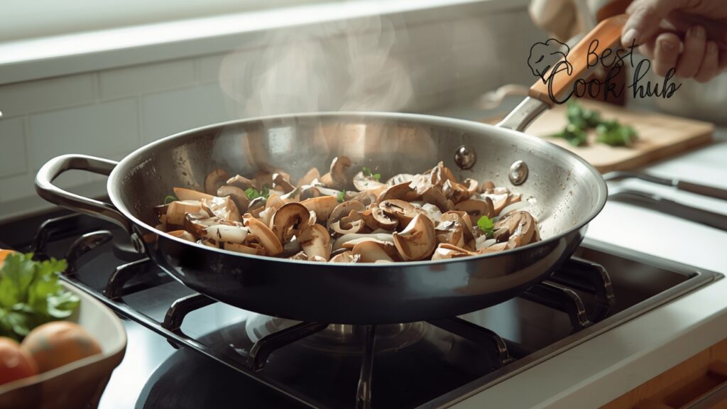 Bestcookhub - Mushrooms and Onions Sautéing Evenly in Tri Ply Stainless Steel Skillet