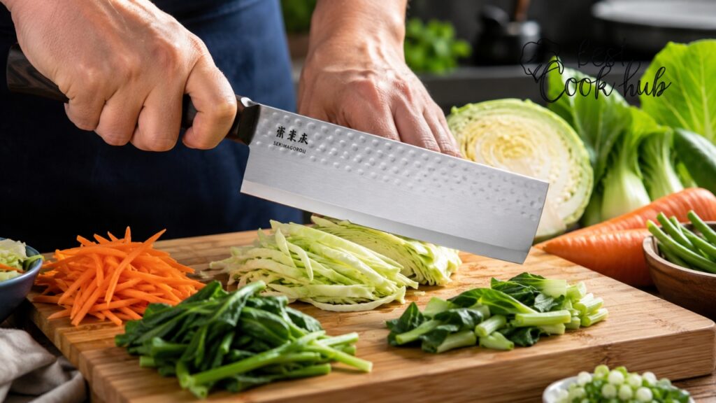 Bestcookhub - Nakiri Knife Cutting Cabbage Carrots and Green Vegetables