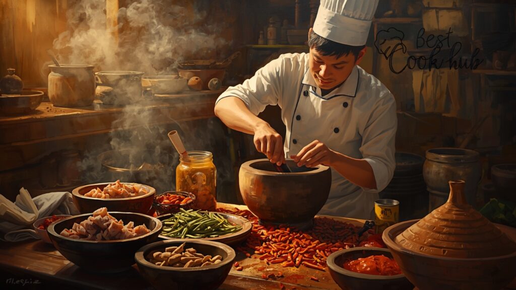Bestcookhub - Professional Thai Kitchen Preparing Fresh Chili Paste Using Traditional Mortar and Pestle