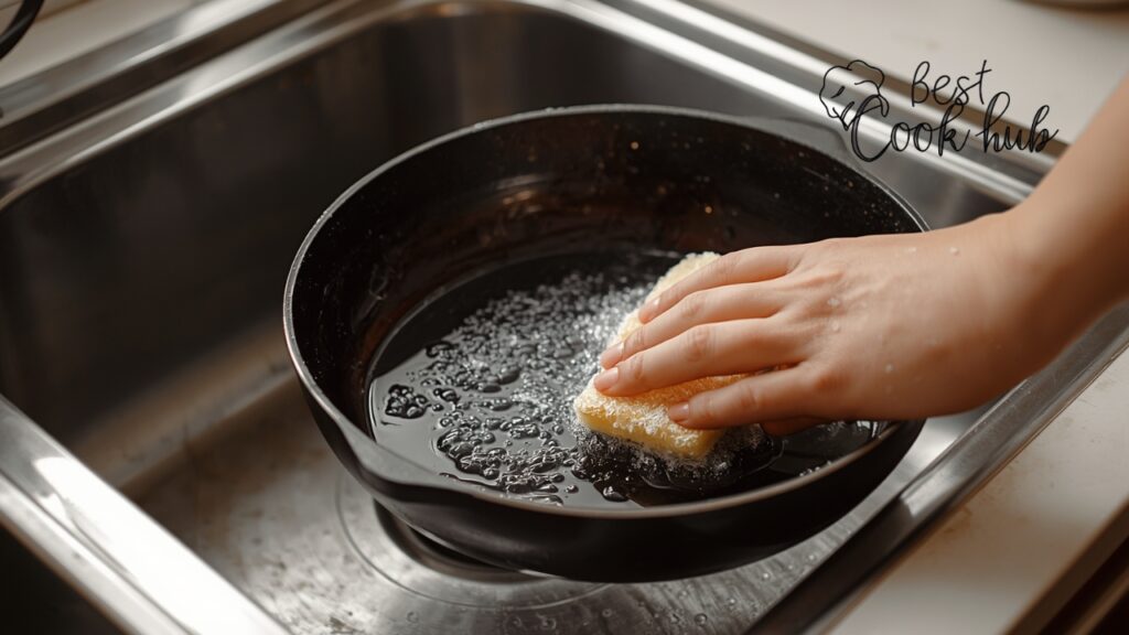 Proper Cleaning of a Nonstick Pan with Soft Sponge and Mild Soap