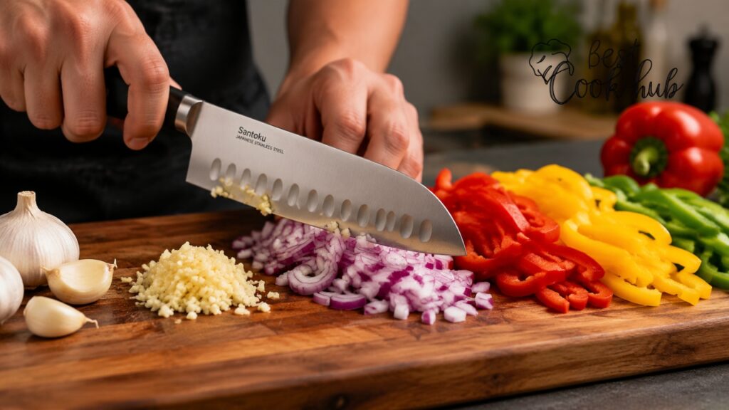 Bestcookhub - Santoku Knife Chopping Garlic Onions and Bell Peppers