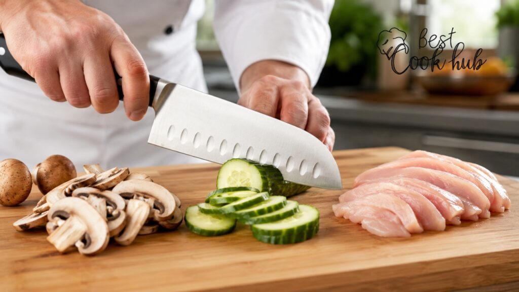 Bestcookhub - Santoku Knife Slicing Cucumber Mushrooms and Chicken Breast
