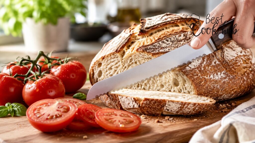 Bestcookhub - Serrated Bread Knife Cutting Crusty Sourdough and Fresh Tomatoes