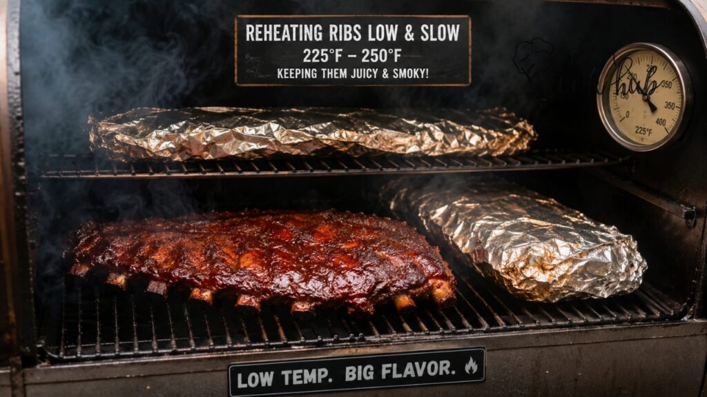 Bestcookhub - Smoked Ribs Reheating Low and Slow in a Smoker