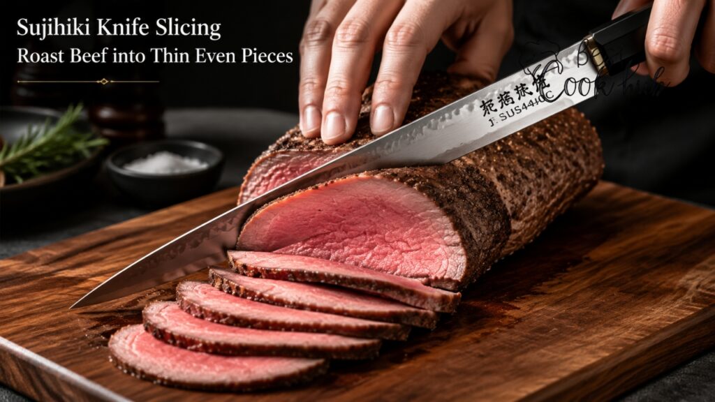 Bestcookhub - Sujihiki Knife Slicing Roast Beef into Thin Even Pieces