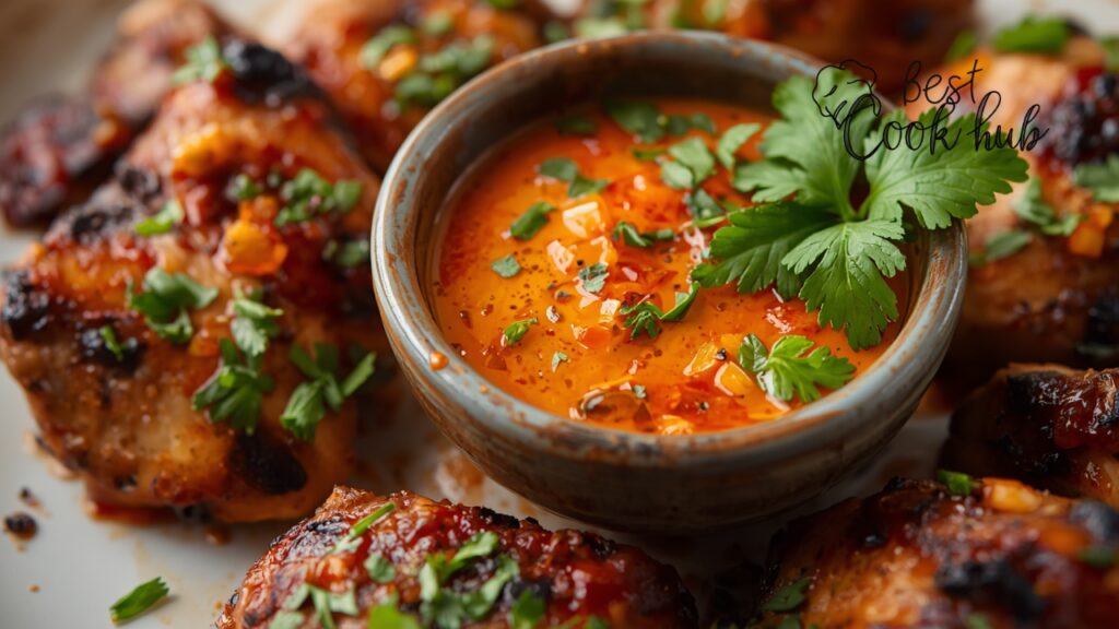 Bestcookhub - Thai Nam Jim Chili Dipping Sauce Served with Grilled Chicken and Fresh Herbs