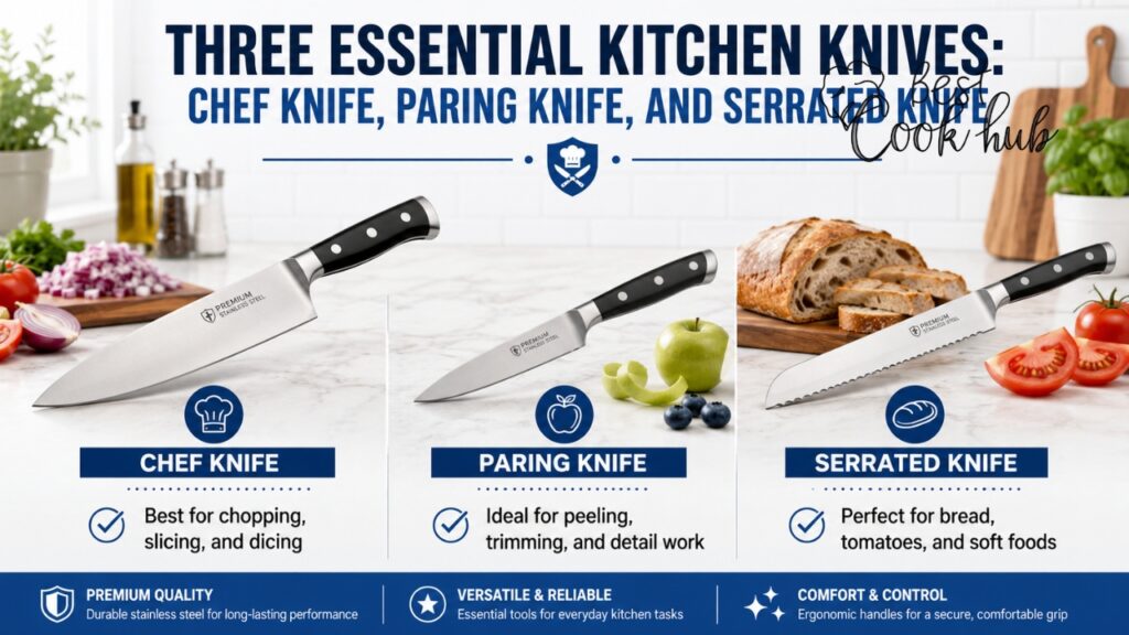 Bestcookhub - Three Essential Kitchen Knives Chef Knife Paring Knife and Serrated Knife