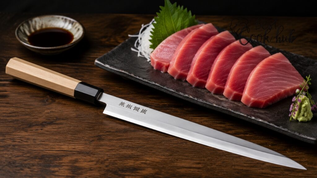 Bestcookhub - Traditional Takohiki Knife Beside Fresh Tuna Slices