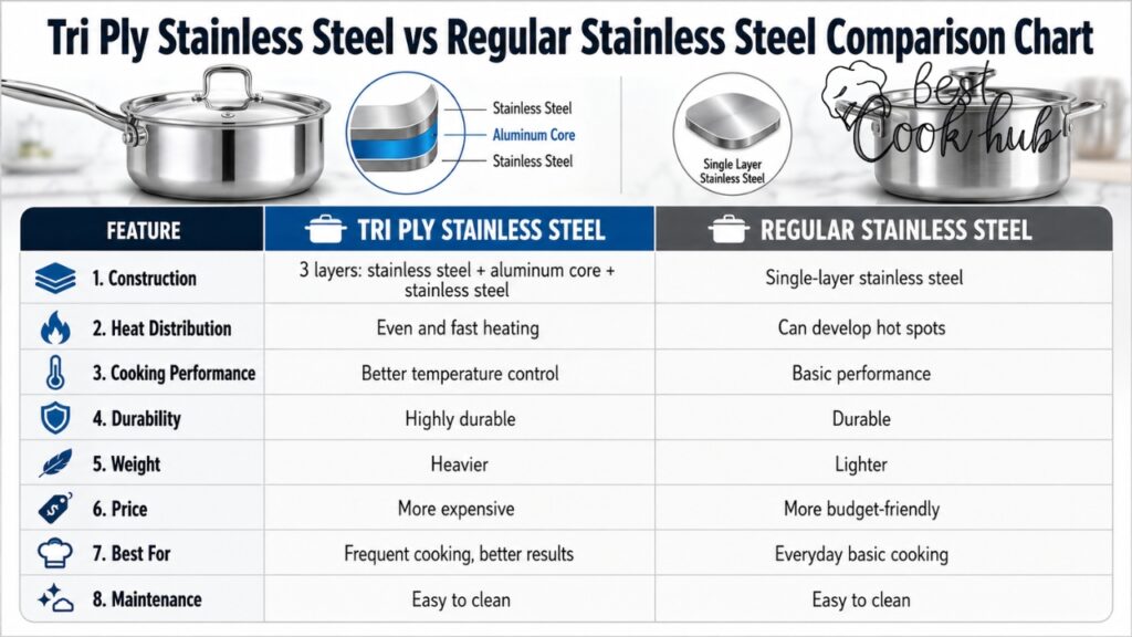 Bestcookhub - Tri Ply Stainless Steel vs Regular Stainless Steel Comparison Chart