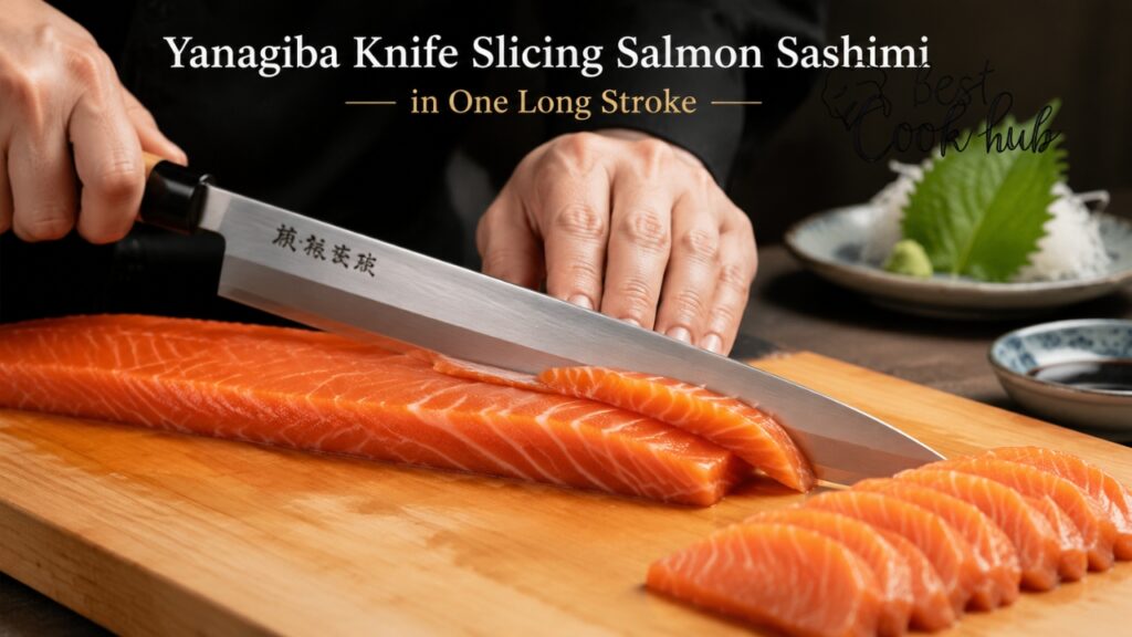 Bestcookhub - Yanagiba Knife Slicing Salmon Sashimi in One Long Stroke