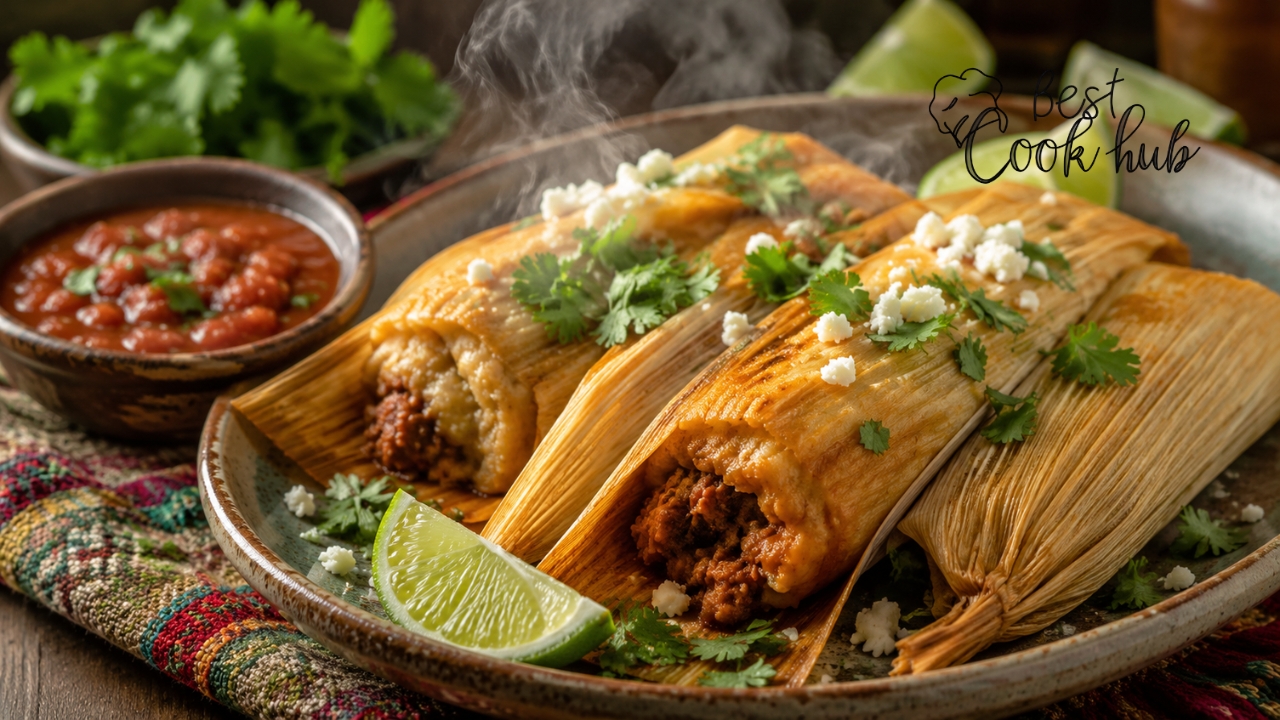 Bestcookhub - Perfectly Reheated Frozen Tamales with Steam, Salsa, and Fresh Garnish