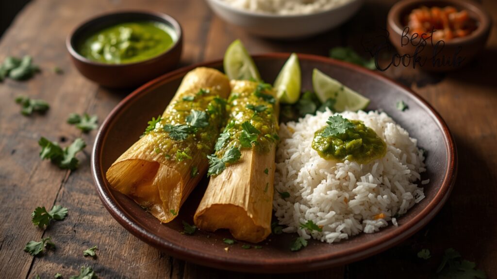 Bestcookhub - Reheated Chicken Tamales Served with Salsa Verde and Rice
