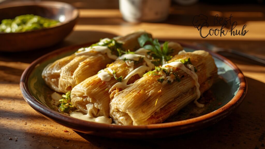 Bestcookhub - Soft Reheated Tamales with Salsa Verde and Crema